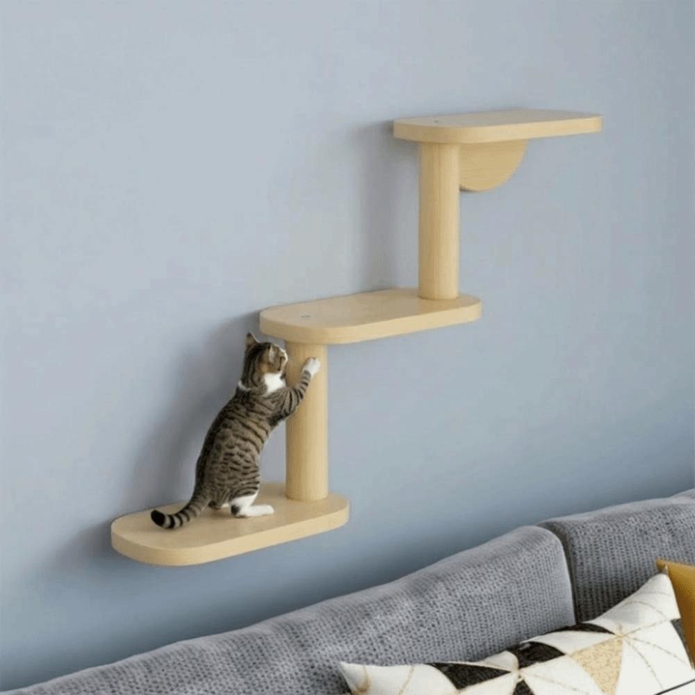 3-Level Wall Mounted Cat Tree Solid Wood Cat Sisal Scratching Post Cat Perch  Pet Playground