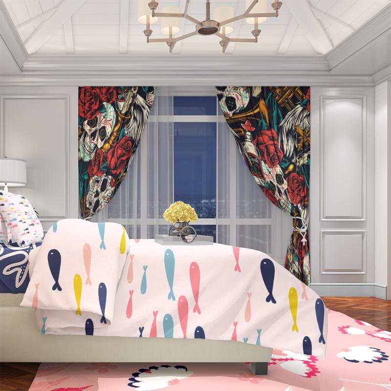 Set Of 2 Skull Rose Printed Curtain Polyester Suitable Home Decor Rod Not Included Made