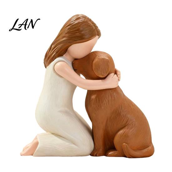 Girl Hugging Dog Statue Resin Figurine, Hand-Painted Pet Companion Sculpture, Brown Black Memorial Figurine Desktop Ornament, Remembrance Gift