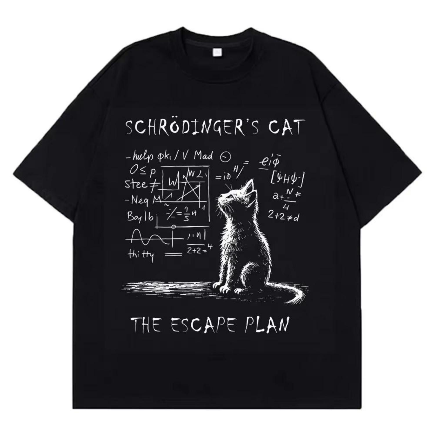 Schr Ö Dinger Cat Physics Quantum Mechanics Creative Printing Four Seasons Short Sleeved Cotton Tshirt Couple Streetwear Shirt S чёрный