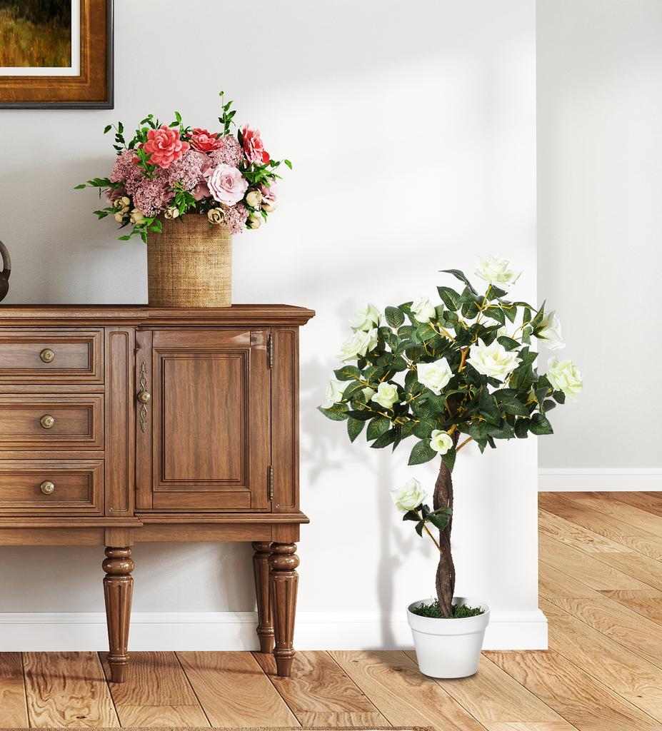 Piante Artificiali Rosa Bianco Floreale in Vaso, Piante Finte per Arredamento Interno Casa, 90cm