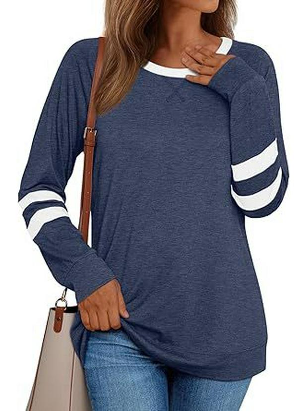2026 Women s Casual Color Block Long-Sleeve Round Neck Shirt S
