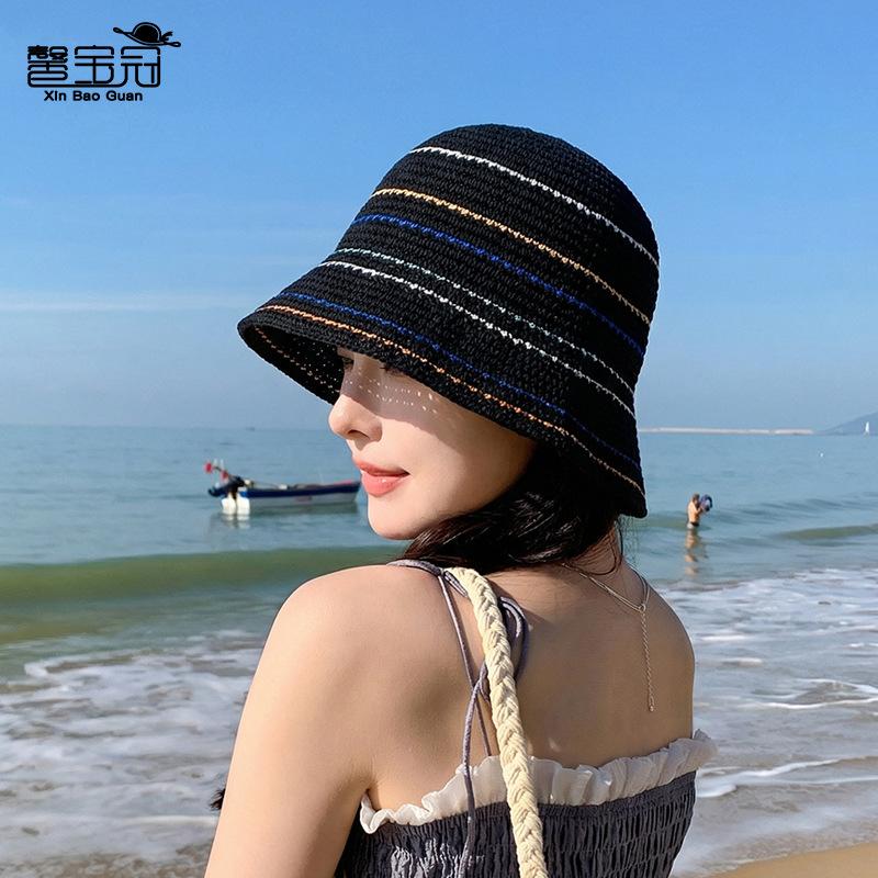 Women's Summer Sun Protection Sun Hat Striped Knitted Mesh Breathable Fisherman Hat