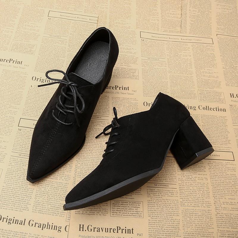 Sheep Suede Comfort Spring Shoes Chunky Heels Oxford Shoes Pointed Toe Lace Up Women Deep Mouth British School Pumps