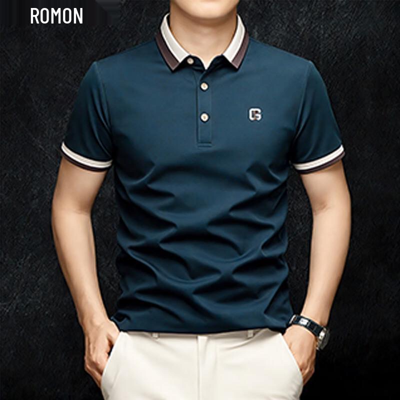 ROMON Men s Color-Block Collar Short-Sleeve Polo Shirt 3XL