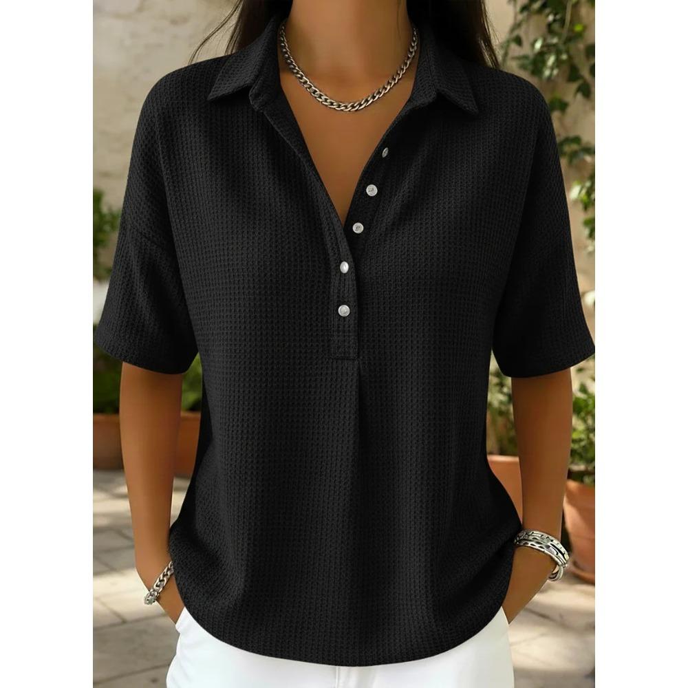 Women's Polo Neck Short Sleeve Waffle Knit Henley Shirt Casual Loose Button Down Blouse