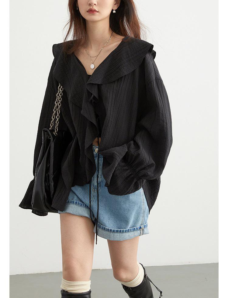 Visual Space Spring Tencel Ruffle Sleeve Lace-Up Mid-Length Shirt