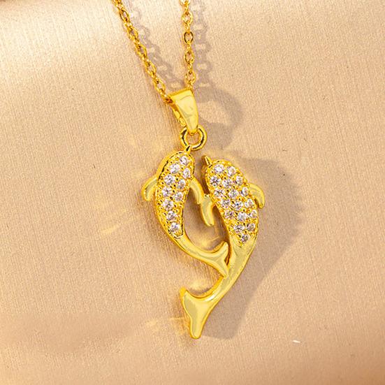 Double Rhinestone Fish Pendant Necklace Lightweight Hypoallergenic Women Couple Dual Dolphin Chain Necklace Fashion Jewelry