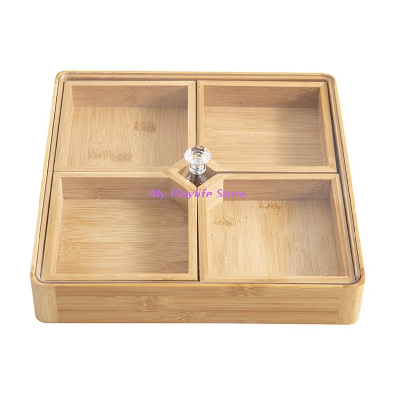 Bamboo Divided Serving Tray with Clear Acrylic Lid Dried Fruit Storage Box 4 Grid Nuts Platter Snack Candy Plate Container