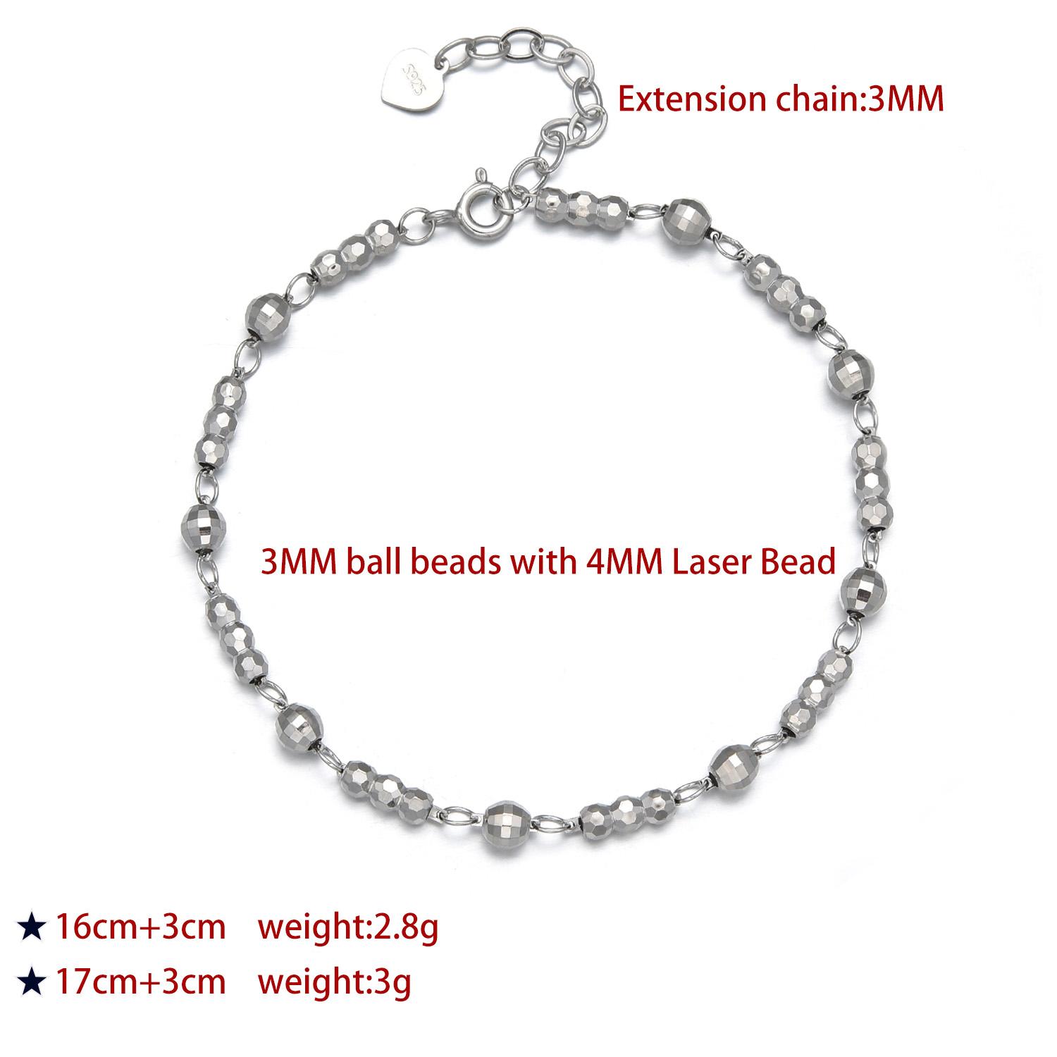 Unique Design 925 Silver and Rhodium Plated Bracelet 3MM Ball and 4MM Laser Bead Gold Plated Diamonds New Design Bangles 16cm+3cm