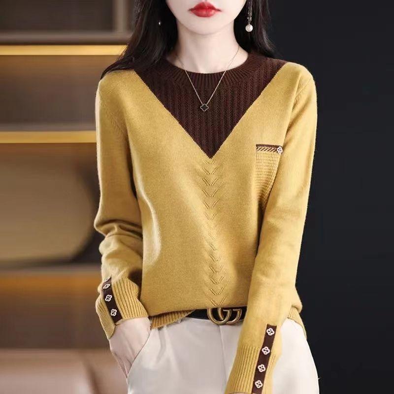 Damenbekleidung Herbst Winter Koreanischer Stil Patchwork Elegant Chic Gestrickte Pullover Lässig Rundhals Langarm Locker