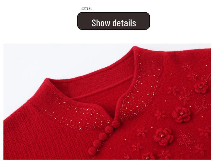 Mom's Stylish 100% Wool Winter Sweater - Elegant Chinese Design for Middle-Aged and Elderly Women