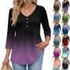 Womens V Neck 3/4 Sleeve Gradient Print Tunic Top with Button Detail Casual Loose Fit Shirt for Everyday Wear