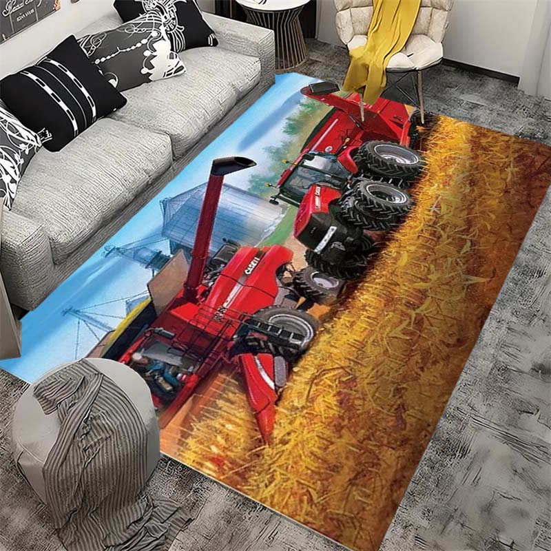Farm Tractor Themed Play Rug, Soft Non-Slip Carpet with Green Harvesters & Crops Pattern, for Kids Bedroom & Playroom