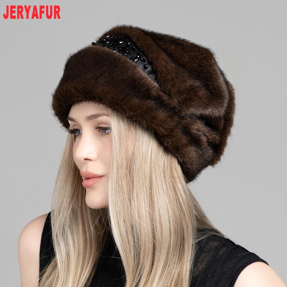 JERYAFUR Women Winter Faux Fur Hat, Elegant Beaded Decor Warm Luxury Ladies Snow Hat for Cold Weather