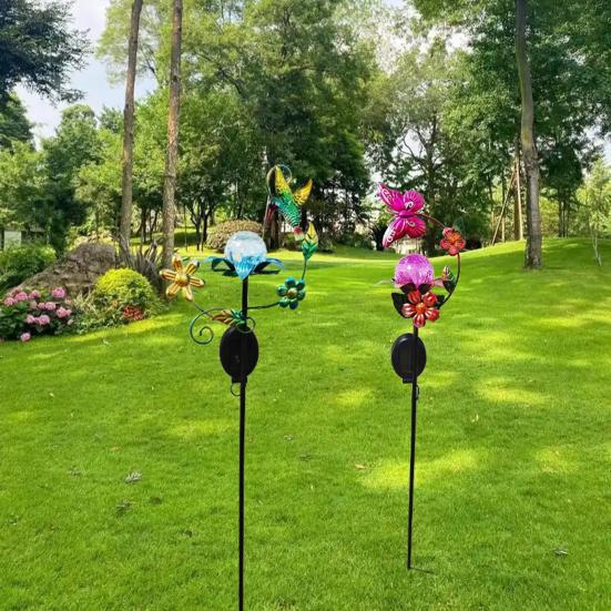 Nature Inspired Outdoor Accents Solar Glass Cracked Ball Garden Light, Butterfly Hummingbird Metal Weather Resistant Lawn Ornaments Stake Waterproof