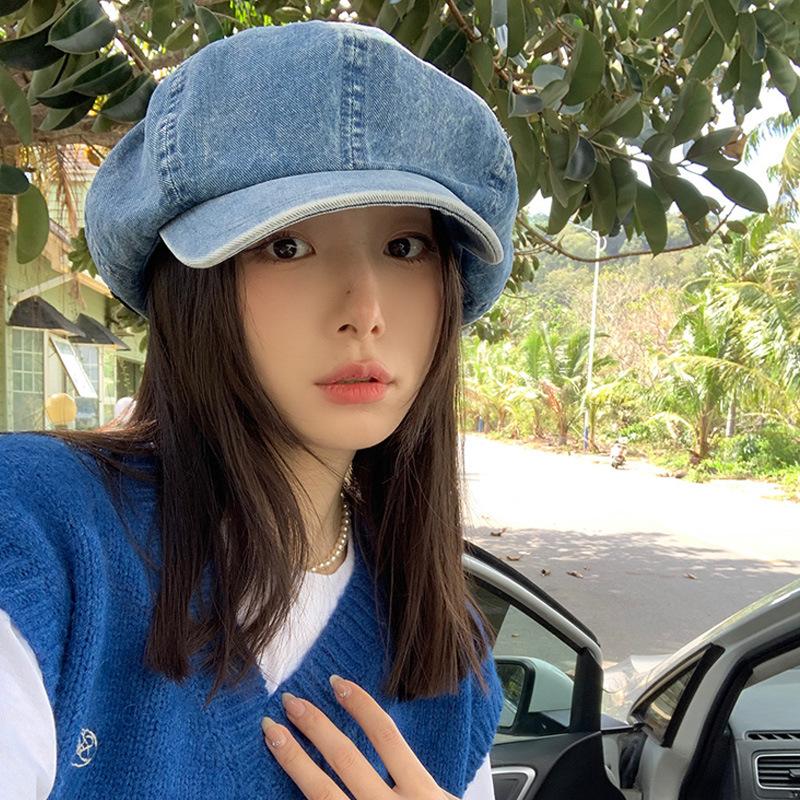 Spring and autumn washed cotton cowboy female painter hat retro octagonal hat big head circumference showing face small beret retro style