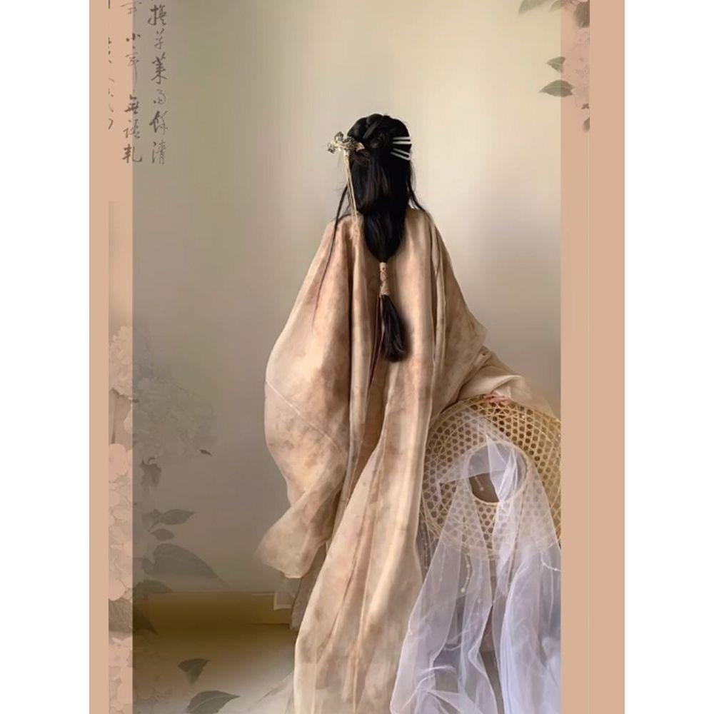 Camisa estampada Hanfu de manga reta, saia longa de fada na cintura