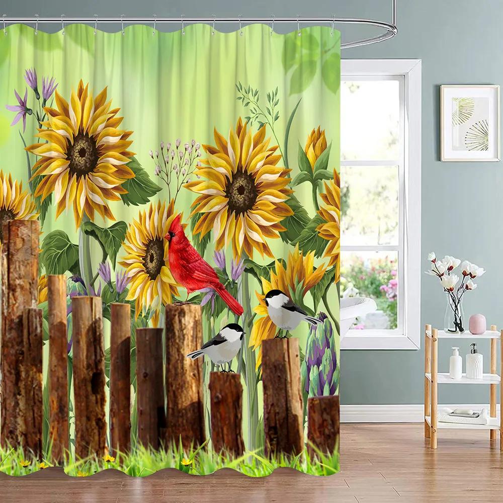 Sunflower Flower Bee Wood Grain Plant Scenery Bathroom Shower Curtain Cactus Butterfly Floral Landscape Bath Curtains With Hooks