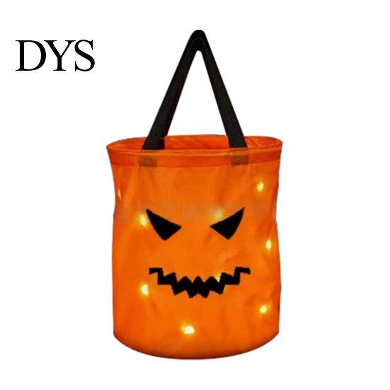 Creative Pumpkin Gift Pouch Glowing Candy Bag with LED Lights, Reusable Halloween Treat Night Visibility Bucket Tote for Kids, Trick or Handbag Party