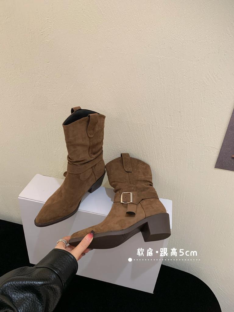 Mid-heeled Boots Retro Stacking Boots V-mouth Martin Boots Women's Shoes 2025 Autumn and Winter New Small Square Head Western Boots Short Boots