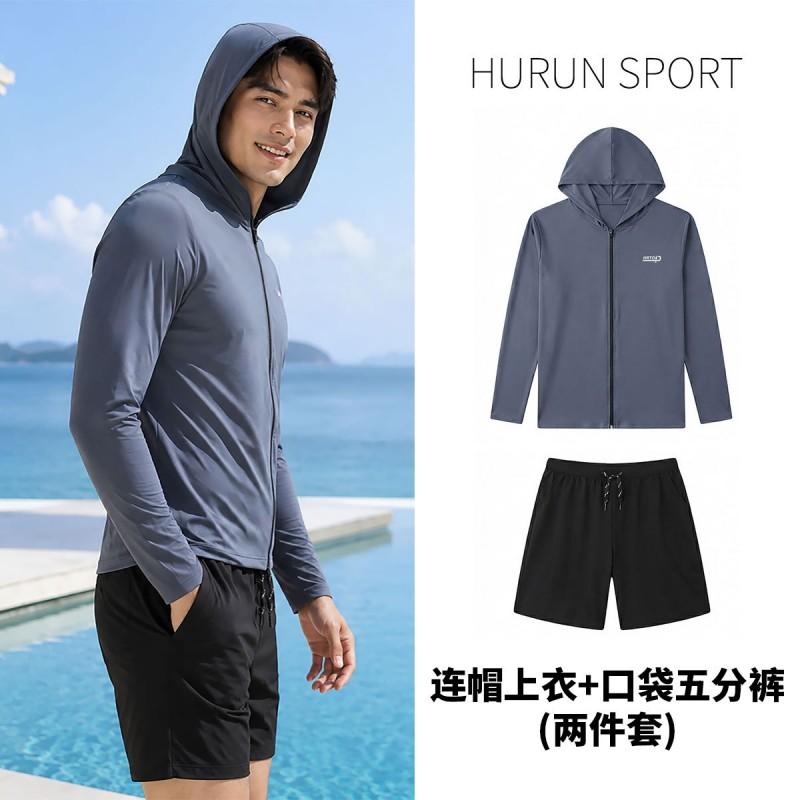 Mens UV Protection Rash Guard Set Long Sleeve Hooded Top Pants Snorkeling Surfing Swimming