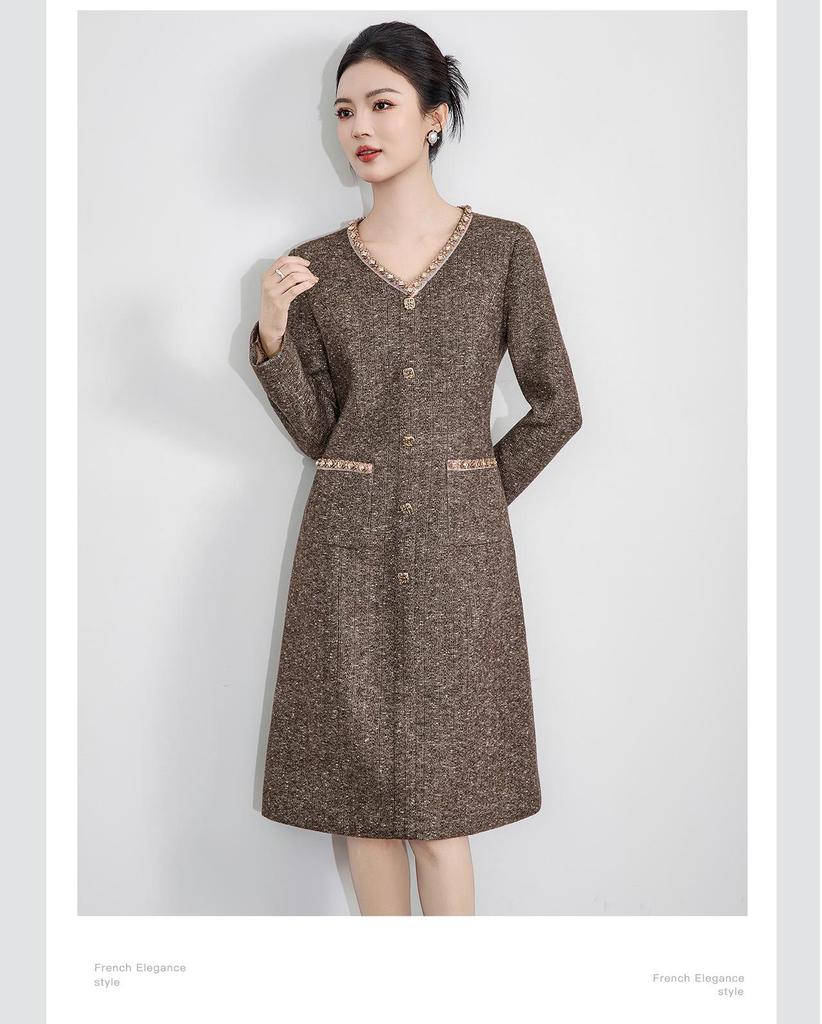 Kadınlar İçin Taşlı Yaka, Şık Sosyetik, Altın İplikli Balıksırtı Yün Elbise