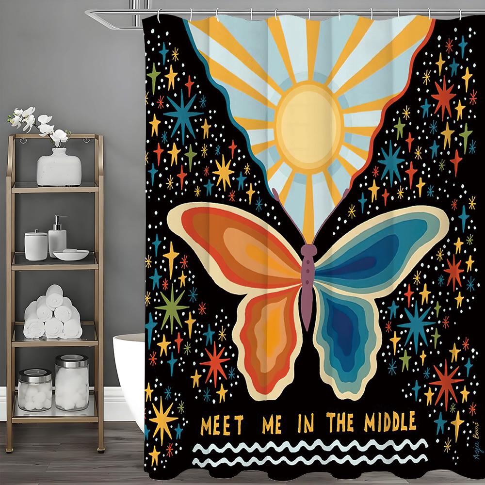 Butterfly Sun Star Shower Curtain, Bathroom Decorative Shower Curtain, Waterproof Shower Curtain with Hooks