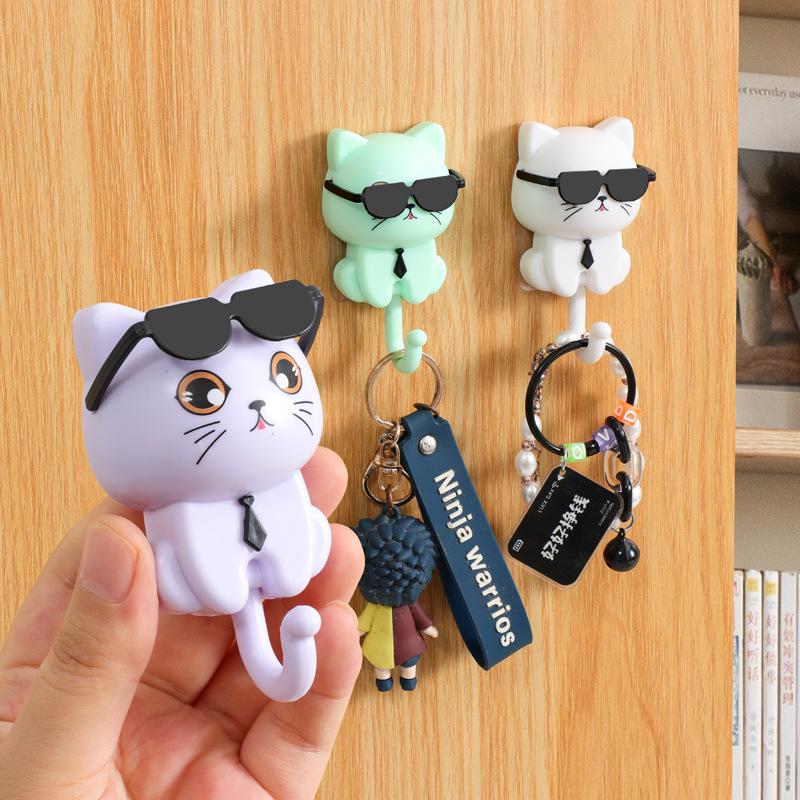Rotating Black Cat Adhesive Wall Hook for Coats, Keys, and Hats - No-Drill Installation