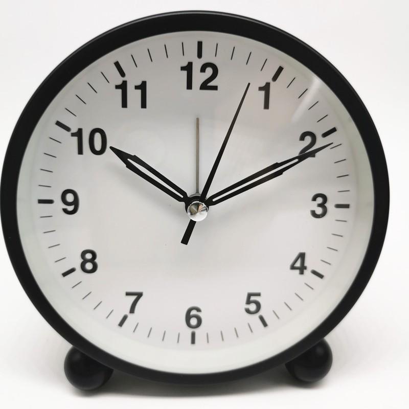 Round Alarm Clock Student Pointer Quartz Clock Bedside Clock Mute Metal Seat Clock with Light