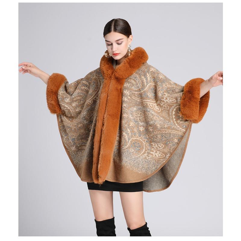 Winter Women Shawl Cape Fur Collar Jacquard Hood Plus Size Seven Point Sleeves Tweed Jacket Cardigan