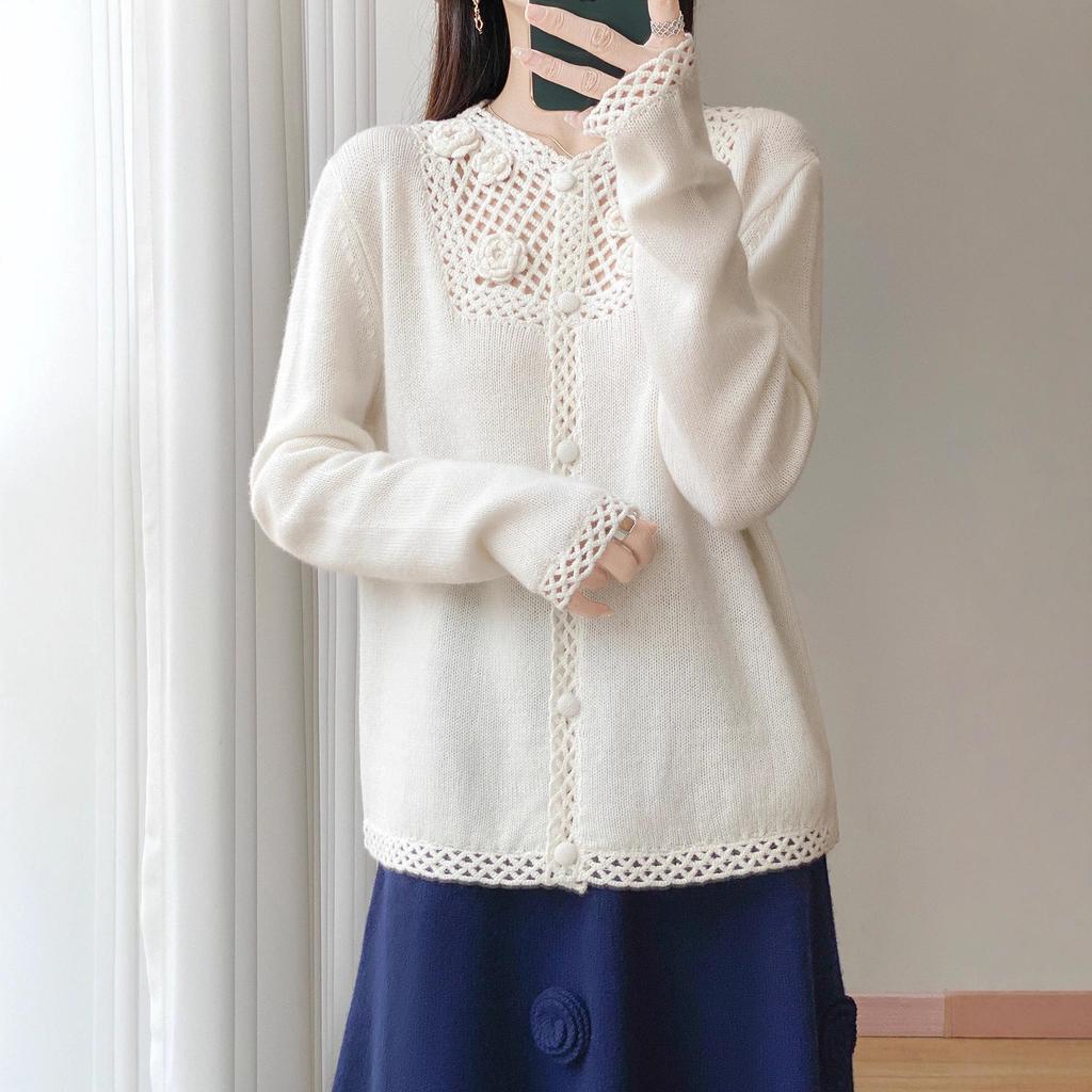 Autumn Style Heavy-Duty Crochet Knit Wool Cardigan: Women's Fashionable Hollow-Out Sweater Coat, Solid Color.