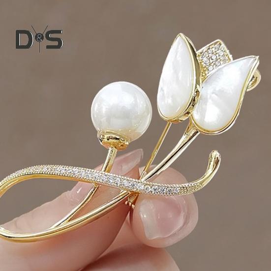 Women Brooch Faux Pearl Rhinestone Tulip Shape Stainless Anti-slip Wear-resistant Coat Collar Hat Scarf Decoration Clothes Pin Garment Jewelry