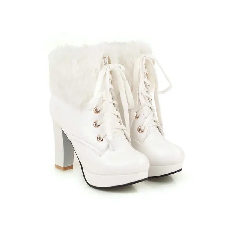 

2024 Новые сапоги на высоком каблуке с круглым носком, водонепроницаемой платформой, женские сапоги Mao Mao на высоком каблуке, милые короткие туфли на шнуровке спереди 35 белый