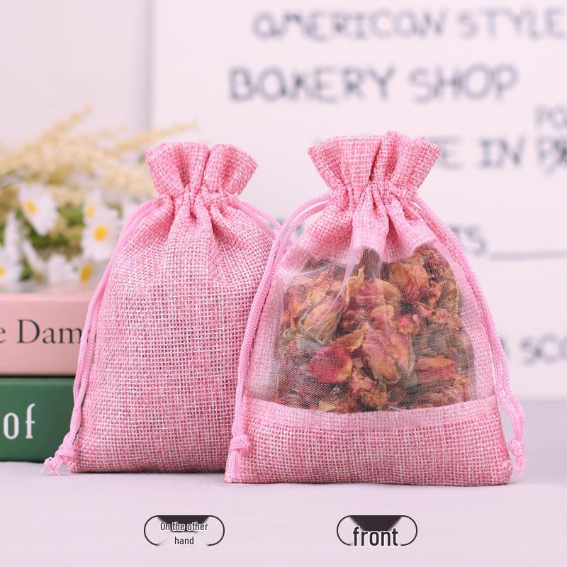 Super Source Hemp Drawstring Patchwork Mesh Bag for Cosmetics Organization