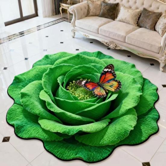 3D Flower Floor Mat Large Flower Shape Living Room Rug Realistic Floral Butterfly Floor Rug with Anti-Slip Bottom for Home Bedroom Dining Room
