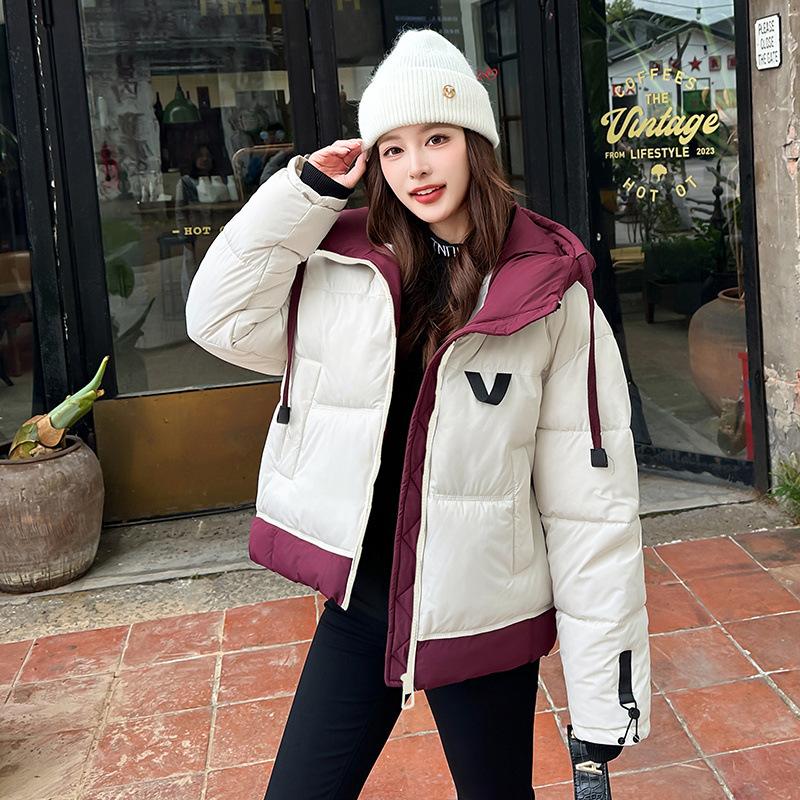 Hooded patchwork cotton jacket 2025 winter new down cotton loose plus-size women's coat cotton coat women's coat