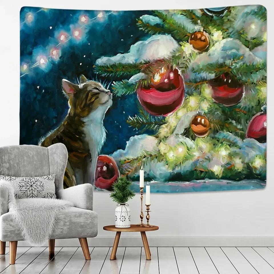 Weihnachten Schneeszene Katze Wandteppich Schlafzimmer Wohnzimmer Zuhause Weihnachten Dekorative Wandteppich