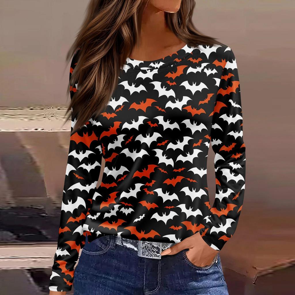Women's Fashion Casual Slit Hem Round Neck Long Sleeve Loose Halloween Printed T-Shirt Ladies Top