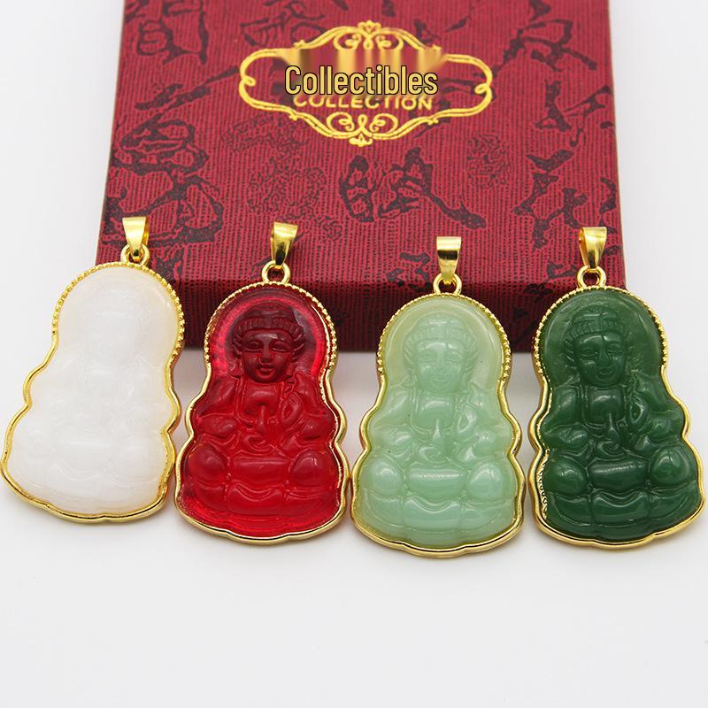 Ethnic Guanyin Buddha Green Jade Ruyi Pendant Necklace Light Green