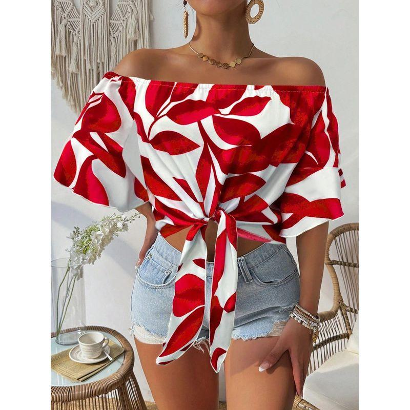 

off Shoulder Shirt European and American Fashion Trendy Women Early Autumn New Satin Print off-Shoulder Loose Shirt Red S