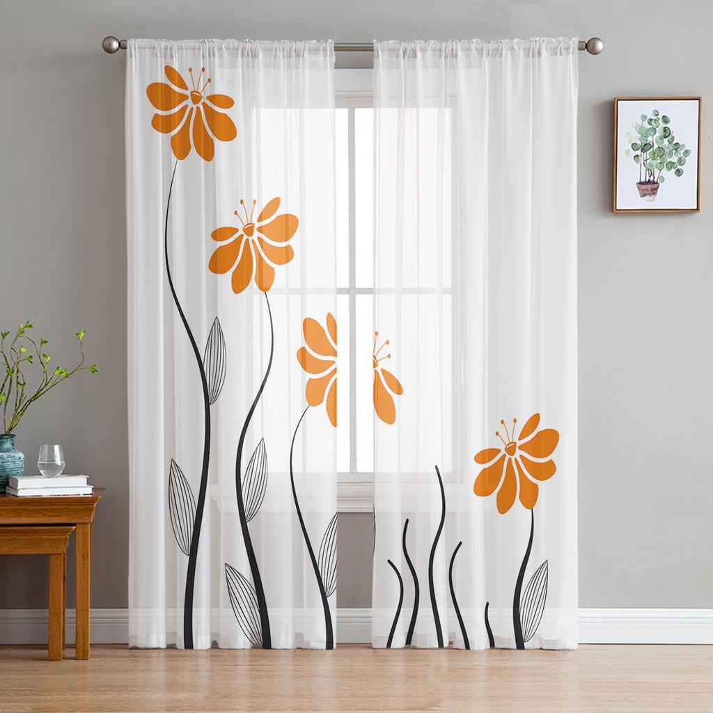 Red Flower Lines Plant Sheer Curtains for Living Room Decoration Window Curtains for Kitchen Tulle Voile Organza Curtains