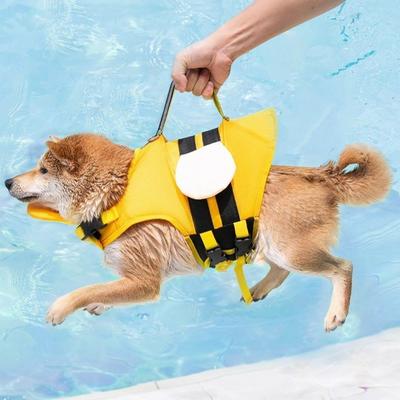 Adjustable Dog Life Jacket Cartoon Bee/Dinosaur Shape Dog Swimming Suit Safety Handle High Buoyancy Dog Surfing Clothes