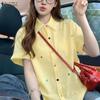Women Casual Turn Down Collar Loose Short Sleeve Stripe Blouse