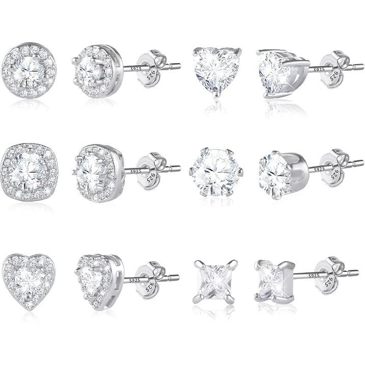 Hypoallergenic Silver Stud Earrings for Women Cubic Zirconia Halo Round Heart Square Diamond Large Silver Stud Set Earring