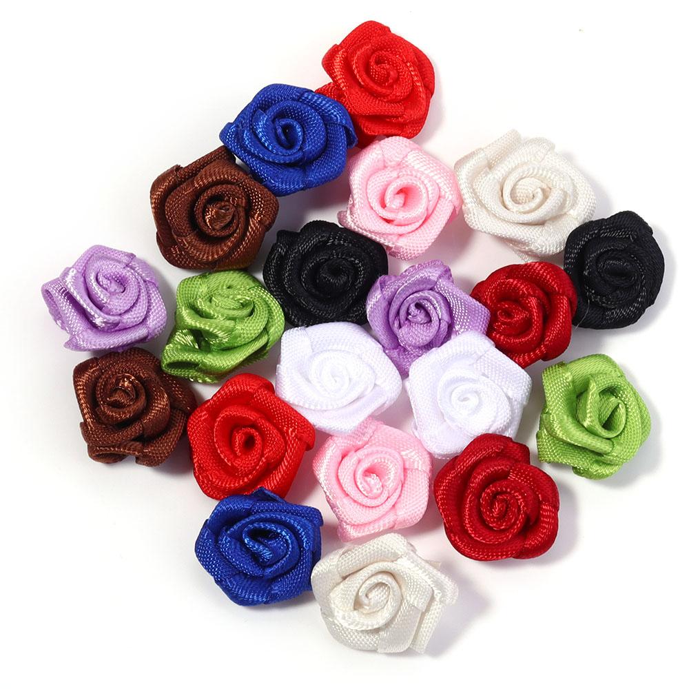 20pcs Satin Ribbon Flower 1.5cm Polyester Mini Artificial Rose Flower For Wedding Party Decor DIY Crafts Sewing Garment Supplies