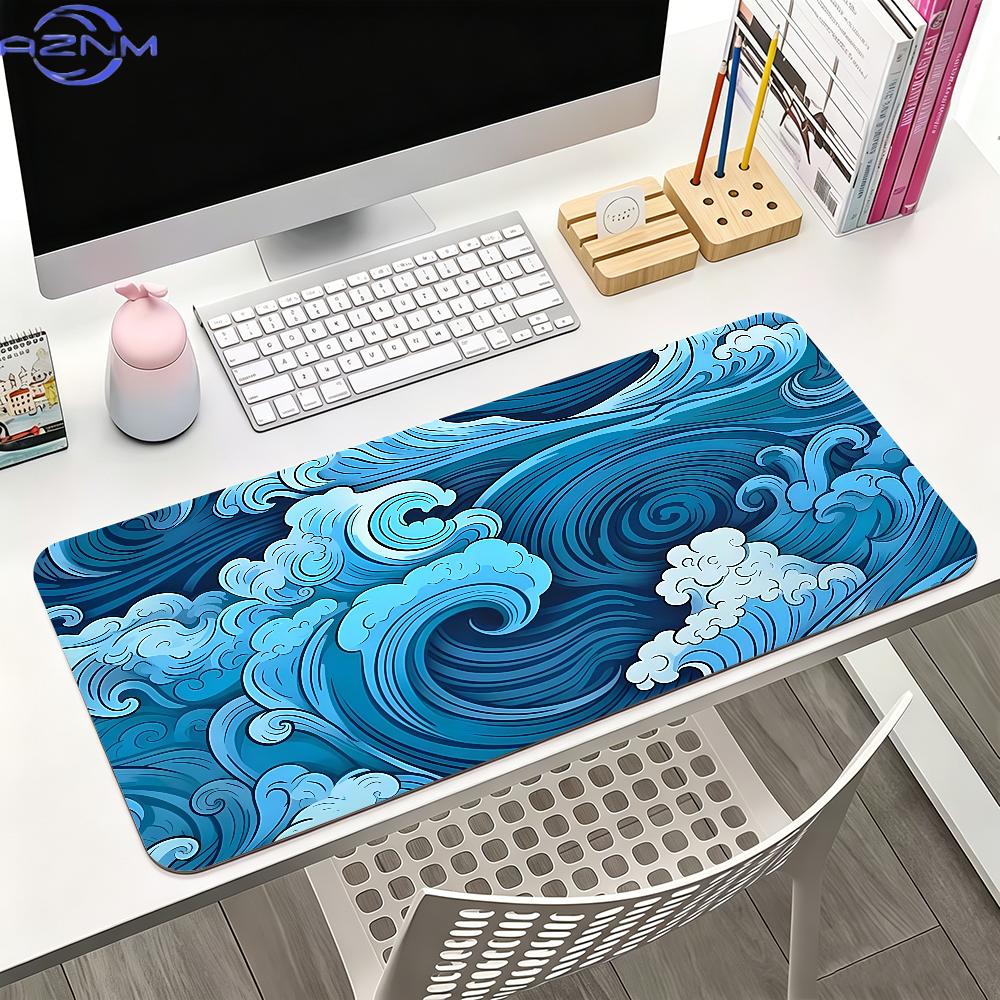 Japanese Ocean Wave Large Mouse Pad Blue SeaWave NonSlip Rubber Desk Mat Extended Keyboard Pad For Gaming Office Home Decor
