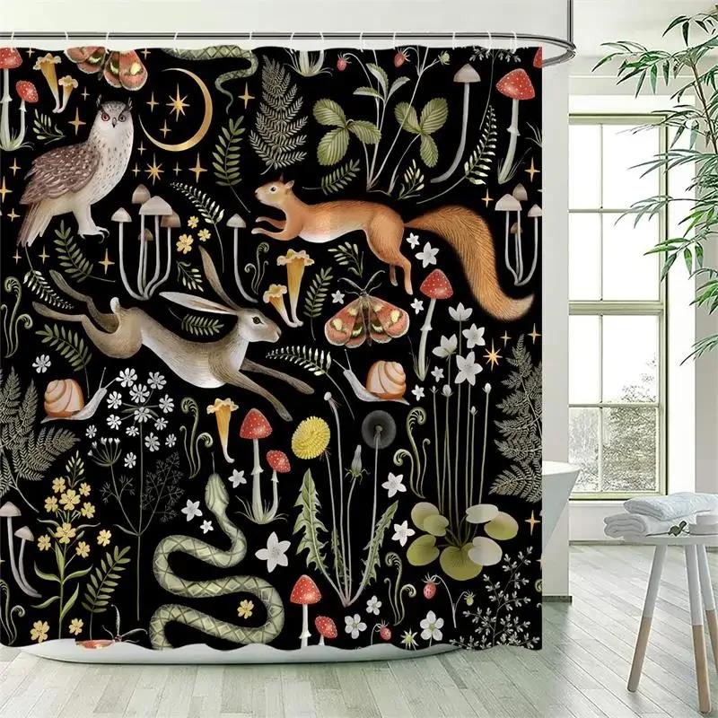 Vintage Mushroom Shower Curtain Funny Animals Squirrel Owl Rabbit Forest Flowers Plant Black Bath Curtains Fabric Bathroom Decor