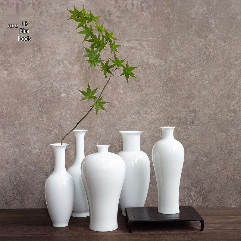 Thin-Walled Translucent White Ceramic Vase, Zen Style, Antique Chinese Plum Blossom Ornament for Living Room Decor.