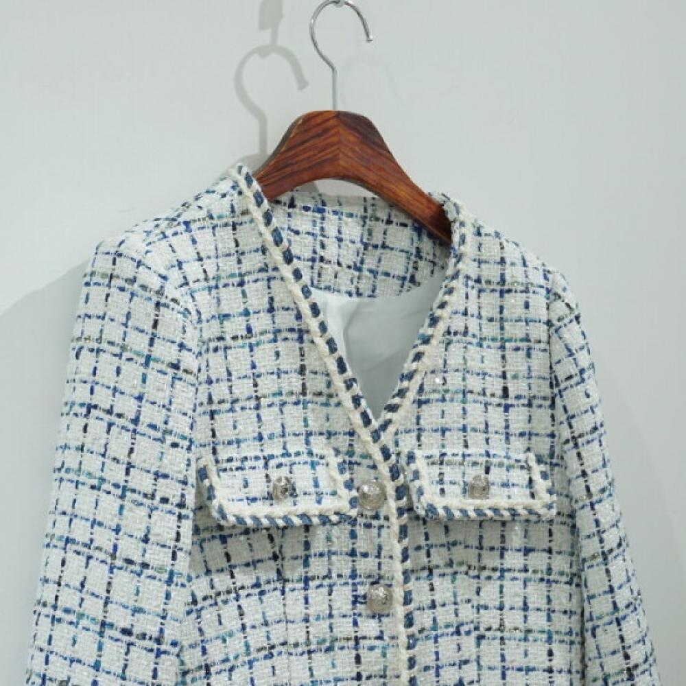Style Latte Women Check Pearl Tweed Cropped Jacket No Collar V Neck Short Jacket